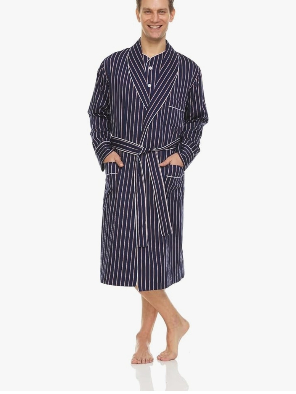 Symmar Tencel Men's Luxury Navy Pinstripe Cotton Robe